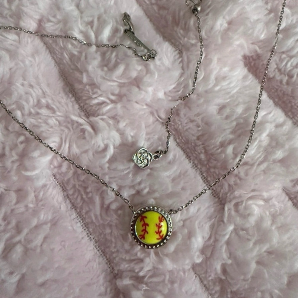 Kendra Scott Silver Necklace with Yellow and Red Softball Pendant